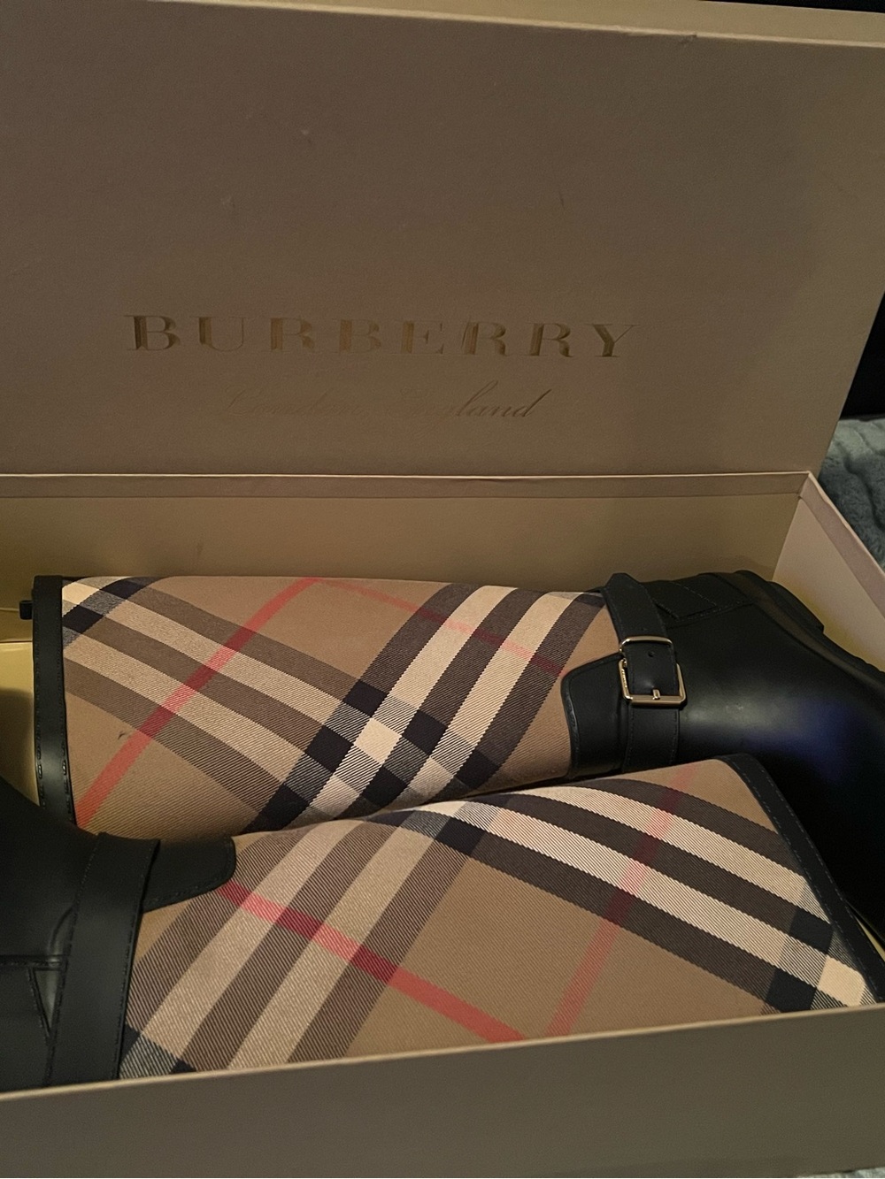 Burberry Beige Check Knee-High Boots with Black Leather Trim